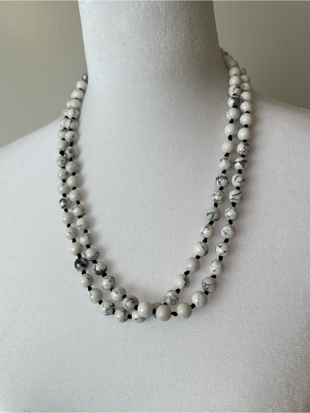 White Howlite Beaded Long Stone Necklace 42”